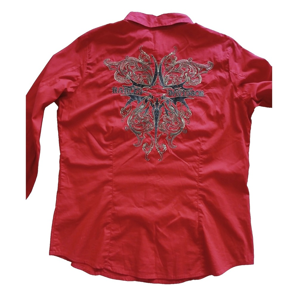 Harley Davidson Embellished Red Button-up Long Sleeve Shirt Women's Size M